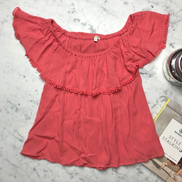 OVS Tops - OVS Off-The-Shoulder Coral Pink Ruffle Blouse Top